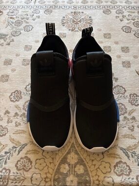 adidas Kids Black Slip-On Sneakers with Blue & Pink Heel Accents